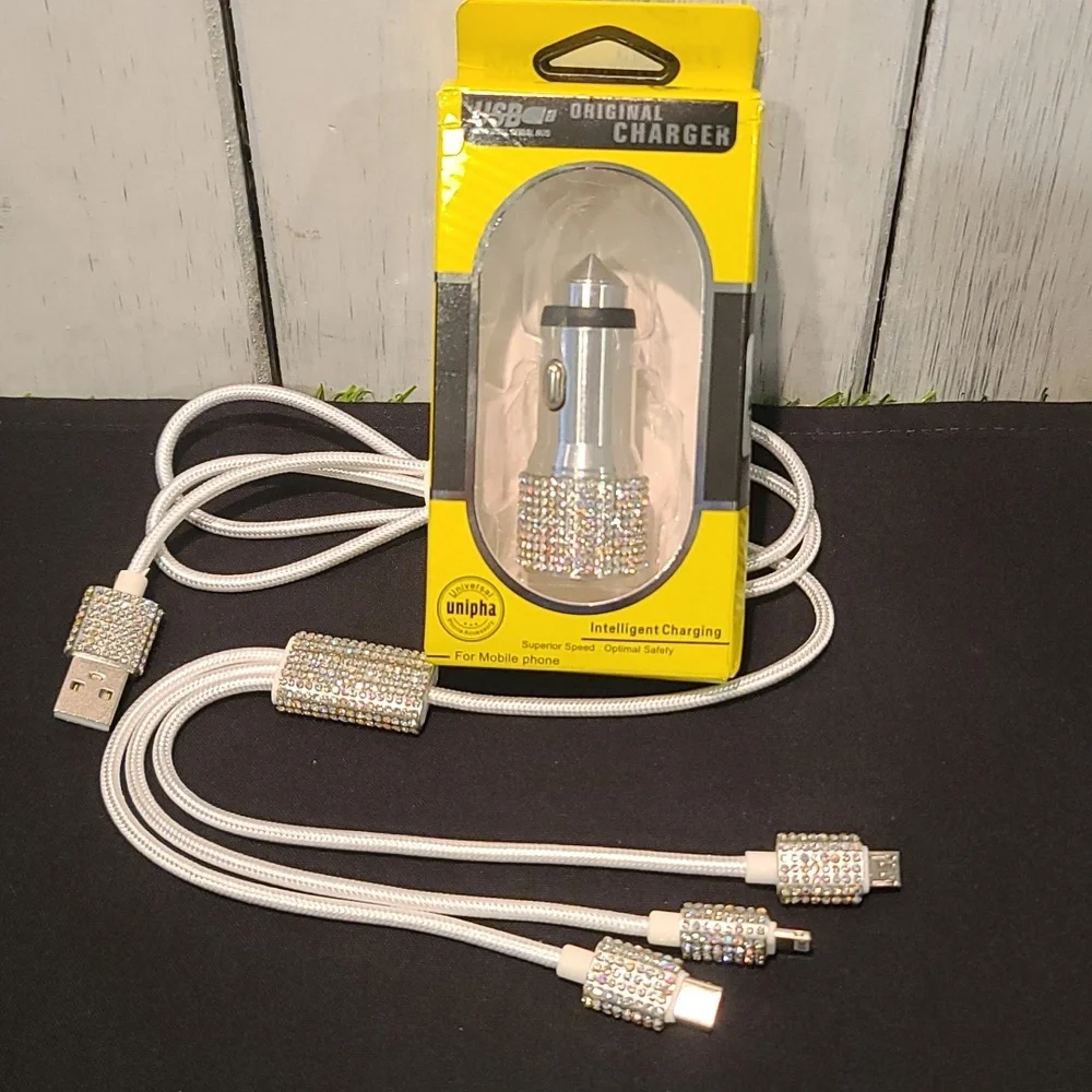 Charger system rhinestone Iphone,USB A, USB C & USB android white cord